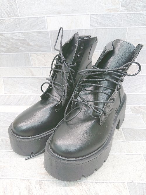 ■ ◎Θ Lace Ladies 厚底　バックジップ　レースアップ ショート ブーツ サイズ36 ブラック レディース P..