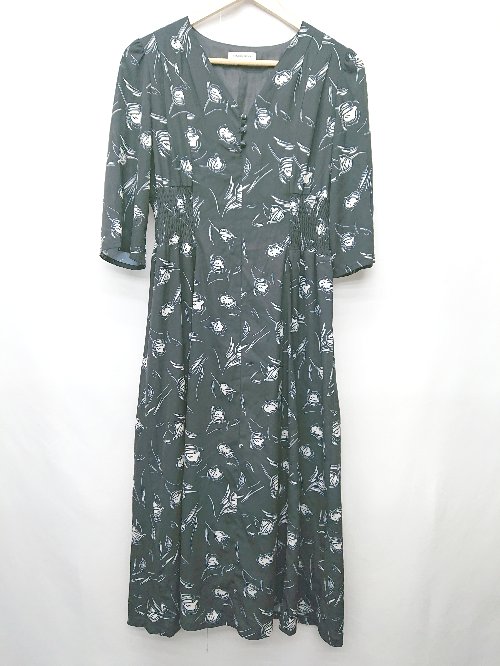 ◇ ⊂ natural couture 総柄 フロントボタン 半袖 膝下 ワンピース サイズF ブラック レディース P 【中古】