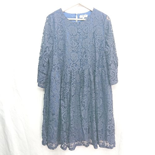 ◇ ◎●未使用● ⊂ JIANRUYI 花柄 七分袖 膝丈 ワンピース サイズ2XL ネイビー系 レディース E 【中古】