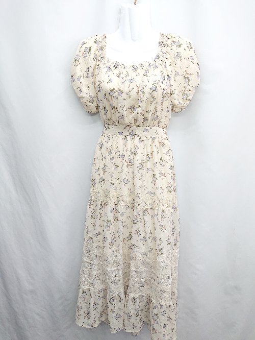 ◇ ◎ ⊂ one after another NICE CLAUP 花柄 半袖 膝下丈 ワンピース サイズF ベージュ系 レディース E 【中古】