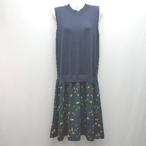 ◇ 美品 GLOBAL WORK 花柄 フラワー ボタニカル 綺麗め ニット - 膝丈 異素材 ワンピース サイズM ネイビーブルー レディース E 【中古】