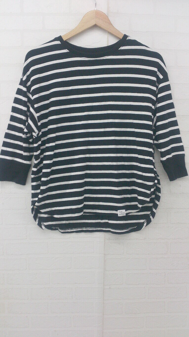 ◇ ◎ Live in comfort ボーダー LIVE LOVE COTTON 七分袖 Tシャツ カットソー サイズM ブラック ホワイト レディース P 【中古】