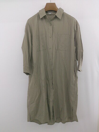 ◇ GLOBAL WORK グローバルワーク ミリタリー リネン混 八分袖 膝下丈 ワンピース サイズM カーキ系 レ..