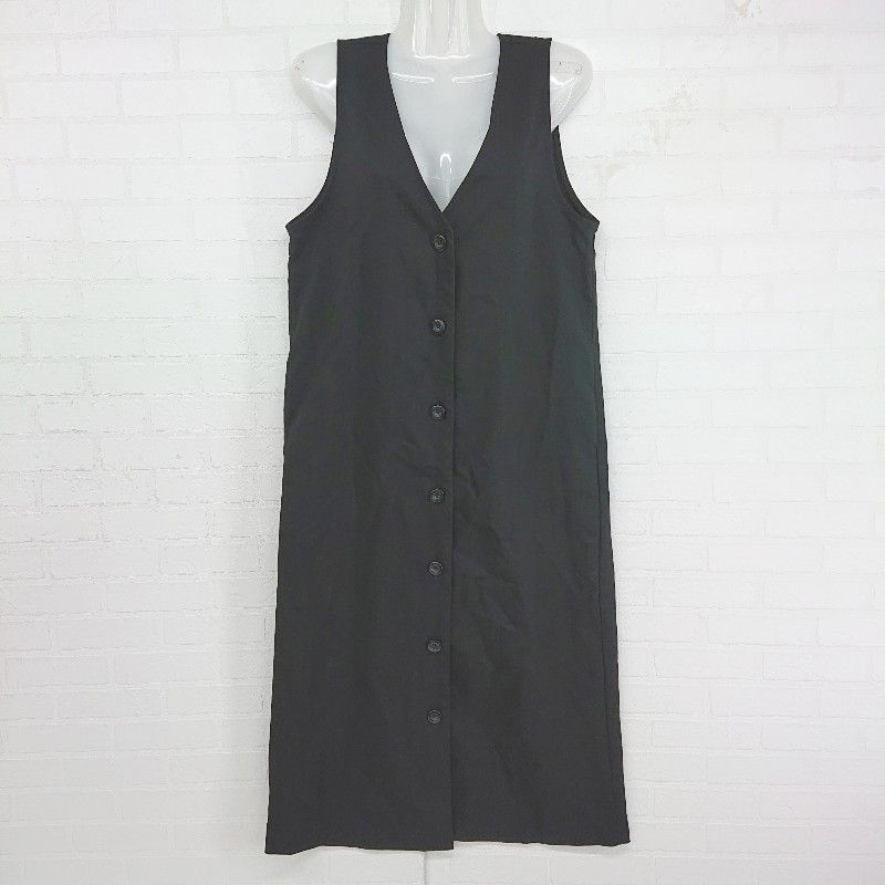 ◇ earth music&ecology 2WAY 深めVネック 上品 Iラインシルエット 膝下丈 ジレ ワンピース サイズF ブラック レディース E 【中古】