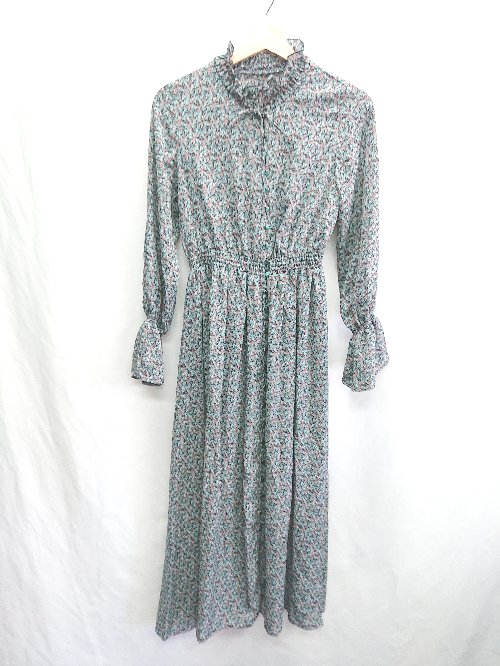 ◇ ⊂ ◎ one after another NICE CLAUP 総柄 長袖 ロング丈 ワンピース サイズF グリーン ネイビー レディース E 【中古】