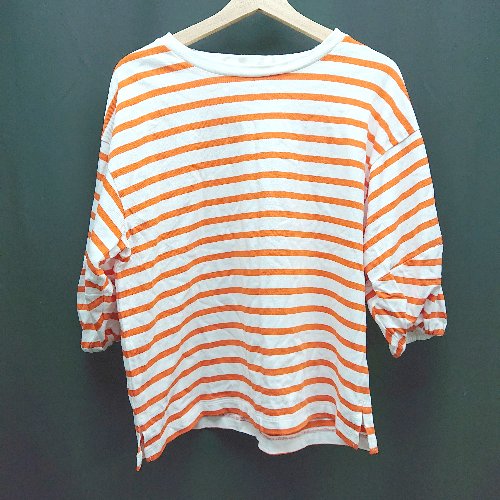 ◇ niko and… ニコアンド ボーダー柄 コットン100% サイドスリット 袖ゴム 半袖 Tシャツ サイズM オレンジ レディース E 【中古】