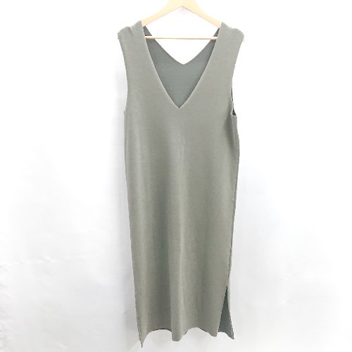 ◇ ⊂ IEDIT イディット Vネック ストレッチ素材 サイドスリット 袖なし ロング ワンピース サイズM カーキ系 レディース E 【中古】