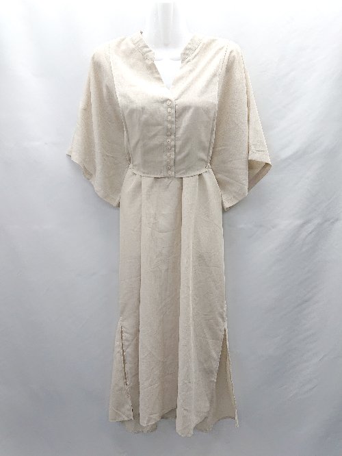 ◇ ⊂ Lowy by corners スタンドカラー Vネック 薄手 半袖 マキシ丈 ワンピース サイズM ベージュ系 レディース E 【中古】