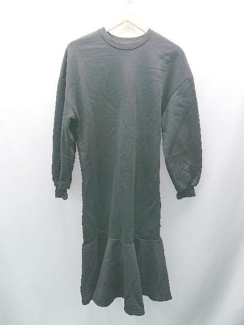 ◇ fifth シンプル 厚手 裾フリル 裏起毛 リブ袖 ストレッチ 長袖 ひざ丈 ワンピース サイズS ブラック レディース E 【中古】