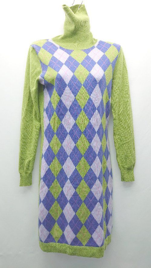 ◇ LALTRAMODA ハイネック ケーブル 起毛 チェック柄 ストレッチ ロング丈 長袖 ニット サイズS グリーン系 レディース E 【中古】