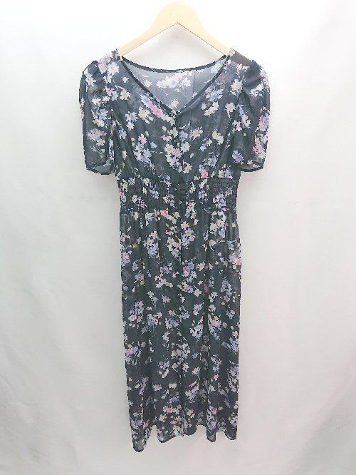 ◇ WILLSELECTION Vネック 花柄 薄手 ウエストゴム オシャレ 半袖 ロング丈 ワンピース サイズM ネイビー系 レディース E 【中古】
