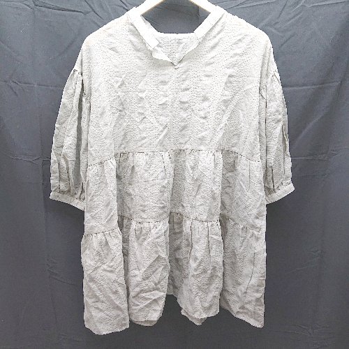 ◇ 新品 FREAK'S STORE ボリューム袖、シアー素材 七分袖 ミニ ワンピース サイズF ライトグレー レディース E 【中古】 ◇ 新品 FREAK'S STORE ボリューム袖、シアー素材 七分袖 ミニ ワンピース サイズF ライトグレー レディース E 【中古】