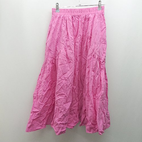 ◇ merlot メルロー ウエストゴム 裏地 薄手 ギャザー シンプル 膝丈 フレア スカート サイズF ピンク レディース E 【中古】