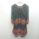 ◇ ◎ ANNA SUI アナスイ ボタニカル ナチュラル 透け プリーツ 五分袖 チュニック サイズ2 ブラック マルチ レディース E 【中古】