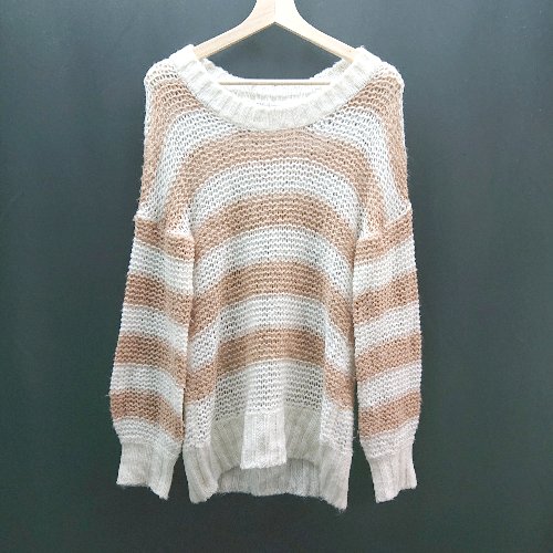 ◇ UNDER BAR moussy ボーダー柄 アクリル100％ もこもこ 冬物 シンプル 長袖 ニット サイズF オレンジ系 レディース E 【中古】