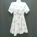 ◇ majestic legon 花柄 ウエストマーク パフスリーブ ガーリー 半袖 ひざ丈 ワンピース サイズFREE ホワイト レディース E 【中古】