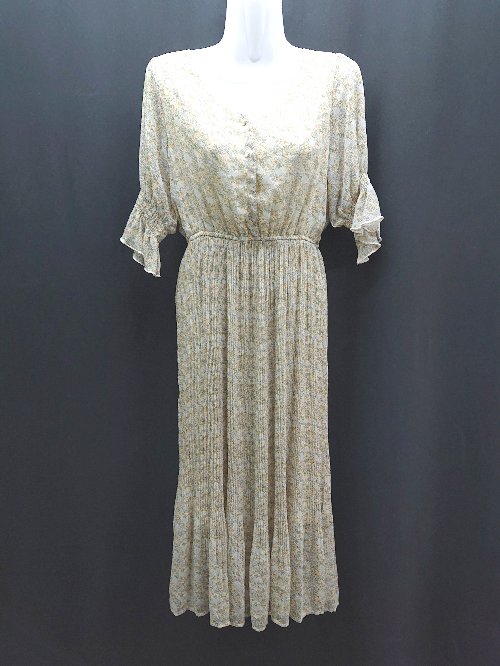 ◇ one after another NICE CLAUP Vネック 裏地 ボタン 花柄 半袖 膝丈 ワンピース サイズF ブラウン レディース E 【中古】