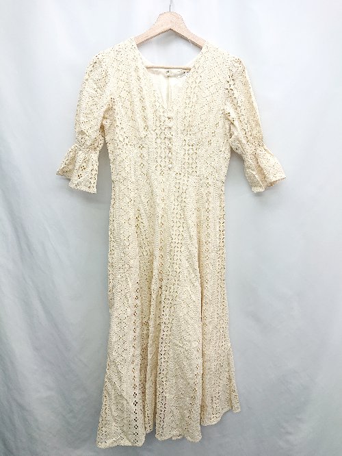 ◇ ⊇ MOUSSY Vネック レース 七分袖 ロング丈 ワンピース サイズ1 アイボリー レディース E 【中古】