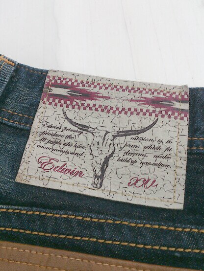 ◇ EDWIN エドウィン ブランドパッチ ステッチ 人工皮革 フレア デニムパンツ サイズ26 ブルー系 メンズ E 【中古】