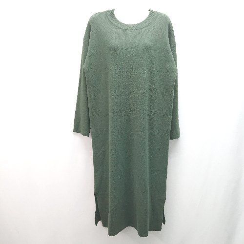 ◇ LOWRYS FARM モックネック シンプル サイドスリット 長袖 膝丈 ニット ワンピース サイズF ダークグリーン レディース E 【中古】