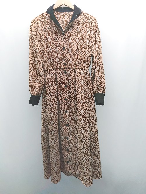 ◇ kutir クティール フロントボタン マルチ柄 おしゃれ 派手 長袖 ロング ワンピース サイズS ブラウン レディース E 【中古】