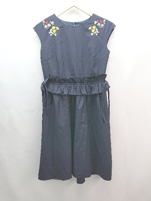 ◇ queens court 刺繍 フラワー ギャザー ウエストマーク エレガント ロング丈 ワンピース サイズ2 ネイビー レディース E 【中古】