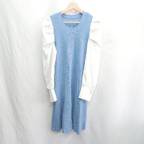 ◇ ⊇ ◎●未使用● vis-à-vis ニット生地 長袖 ロング丈 ワンピース サイズF ホワイト ブルー レディース E 【中古】