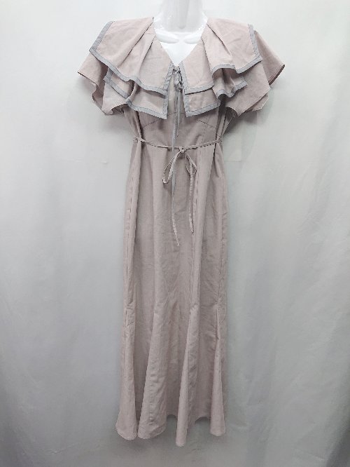◇ ⊂ LILLIAN CARAT ウエスト紐 半袖 ロング ワンピース サイズ2 ピンクベージュ ライトグレー レディース E 【中古】