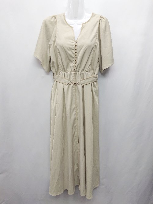 ◇ ⊂ natural couture ウエストベルト 半袖 ロング ワンピース サイズF サンドベージュ レディース E 【..