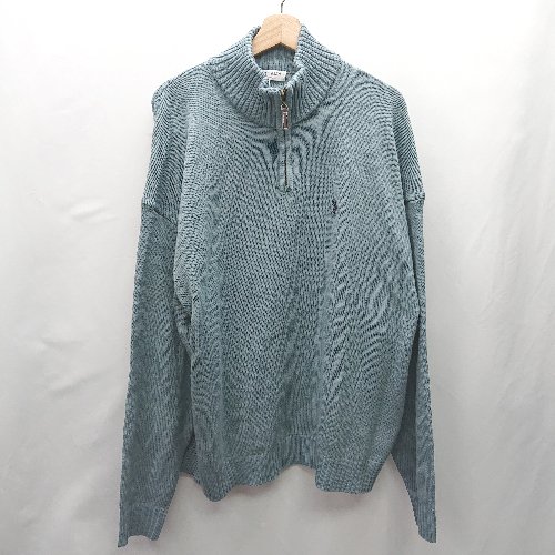 ◇ ⊇ U.S.POLO ASSN. ハーフジップ ロゴ刺繡 長袖 ニット サイズM ライトブルー系 レディース メンズ E 【中古】