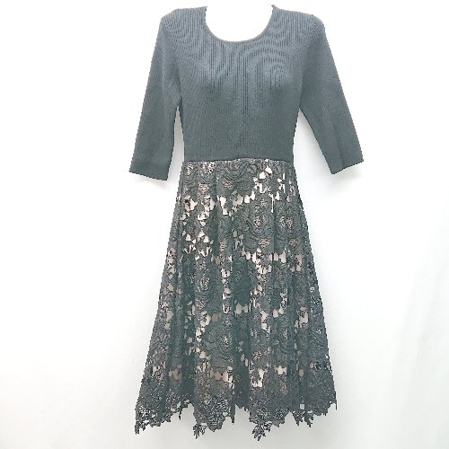 ◇ emiria ニット切り替え 異素材 上品 綺麗め レース 長袖 膝丈 ワンピース サイズS ブラック レディース E 【中古】