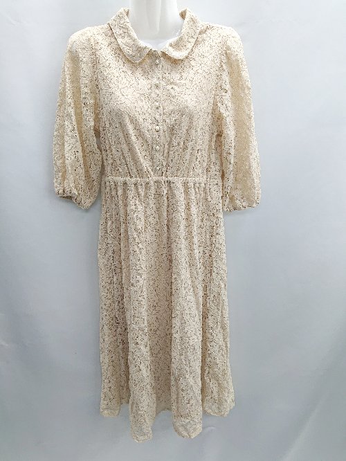 ◇ ⊂ OLIVE des OLIVE レース 花柄 ウエストゴム 七分袖 ロング ワンピース サイズF ベージュ レディー..