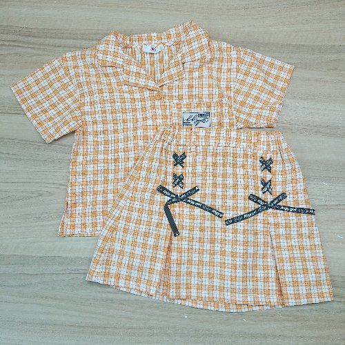◇ ALGY アルジー チェック柄 ボックスロゴ リボン ガーリー ミニ セットアップ サイズXXS/130 オレンジ レディース E 【中古】 ◇ ALGY アルジー チェック柄 ボックスロゴ リボン ガーリー ミニ セットアップ サイズXXS/130 オレンジ レディース E 【中古】