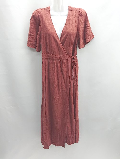 ◇ ⊂ mystic ミスティック 麻レーヨン カシュクール 半袖 ロング ワンピース サイズフリー ブラウン レディース E 【中古】
