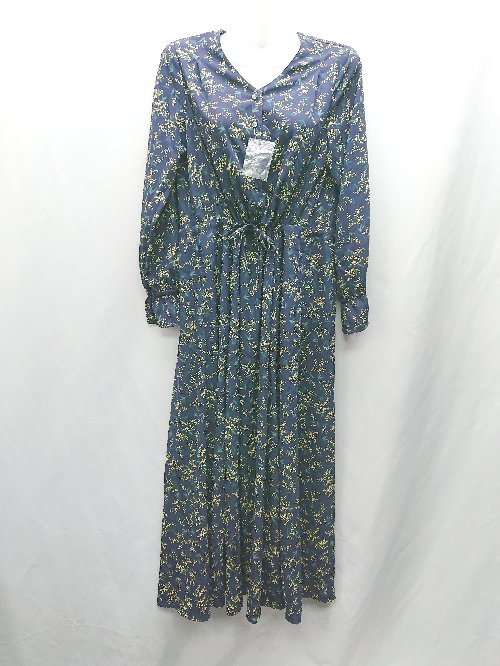 ◇ ⊇ IEDIT 花柄 Vネック 長袖 ロング丈 ワンピース サイズM ネイビー イエロー系 レディース E 【中古】