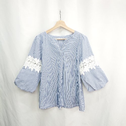 ◇ ⊂ ディノスセシール ストライプ柄 長袖 ブラウス サイズM ブルー レディース E 【中古】