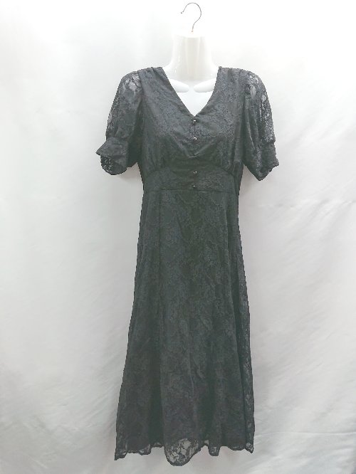 ◇ ⊂ GRL Vネック レース 半袖 ロング丈 ワンピース サイズL ブラック レディース E 【中古】