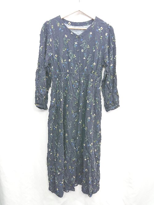 ◇ ⊇ GLOBAL WORK 花柄 ウエストゴム 長袖 ロング丈 ワンピース サイズM ネイビー系 レディース E 【中..
