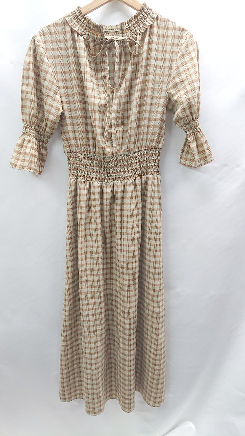 ◇ ⊂ W DOT ダブルドット チェック柄 七分袖 ロング ワンピース サイズF オレンジ ブラウン系 レディース E 【中古】
