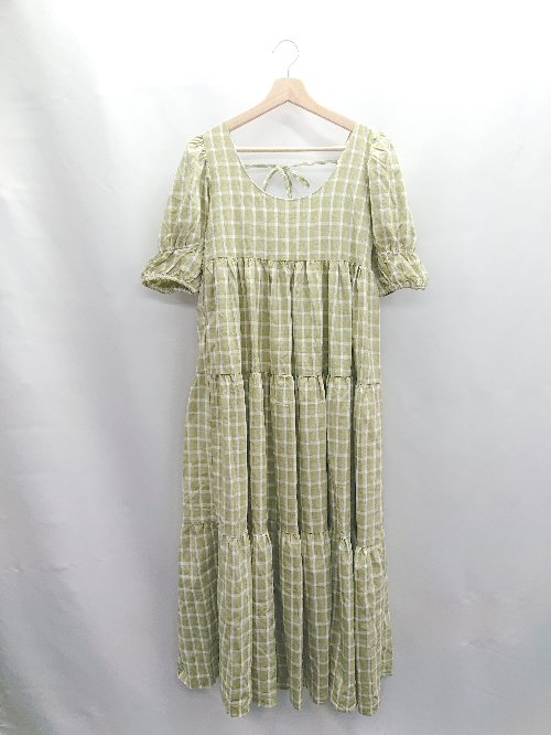 ◇ ⊂ ◎●未使用● GHOSPELL チェック柄 半袖 ロング丈 ワンピース サイズS グリーン ホワイト レディース ..