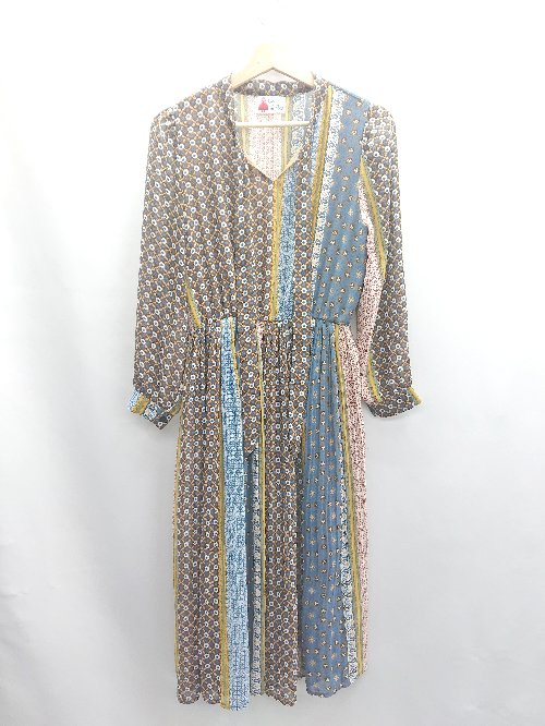 ◇ ⊂ Clice de Paris クリシェドゥパリス 花柄 シアー 長袖 膝下丈 ワンピース サイズONE ブラウン ネイ..