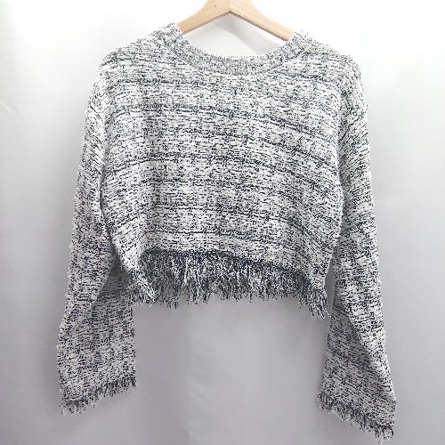 ◇ ⊇ PAGEBOY ページボーイ ショート丈 裾フリンジ 長袖 ニット サイズF ホワイト ブラック レディース E 【中古】