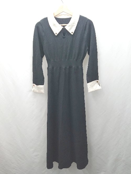 ◇ ⊇ JUNOAH ジュノア ハイゲージ 長袖 ロング ワンピース サイズM ブラック アイボリー レディース E ..