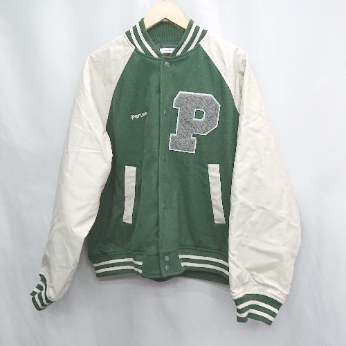 ◇ Perushu ペルーシュ フロントボタン 厚手 スポーティー ロゴ刺繡 長袖 スタジャン サイズM グリーン系 メンズ E 【中古】