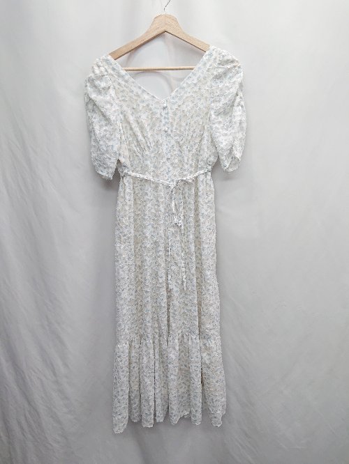 ◇ ⊂ ◎ Heather ヘザー 総柄 半袖 ロング丈 ワンピース サイズS ホワイト ブルー レディース E 【中古】