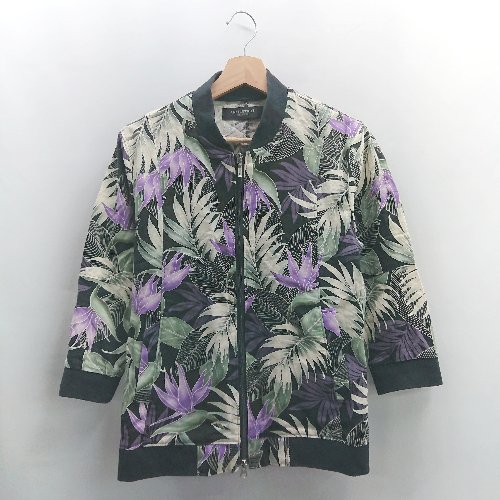 ◇ ⊂ NUESTRO 花柄 綿麻混合 長袖 ブルゾン サイズF ブラック ライトグリーン パープル レディ-ス E 【中古】