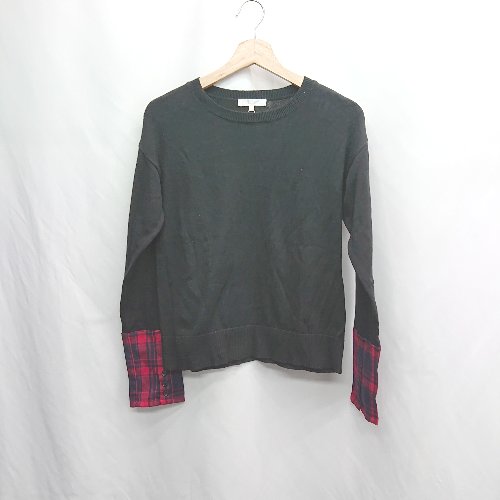 ◇ ⊇ Comme ca Mature 袖先チェック 長袖 ラウンドネックハイゲージニット サイズFREE ブラック系 レデ..