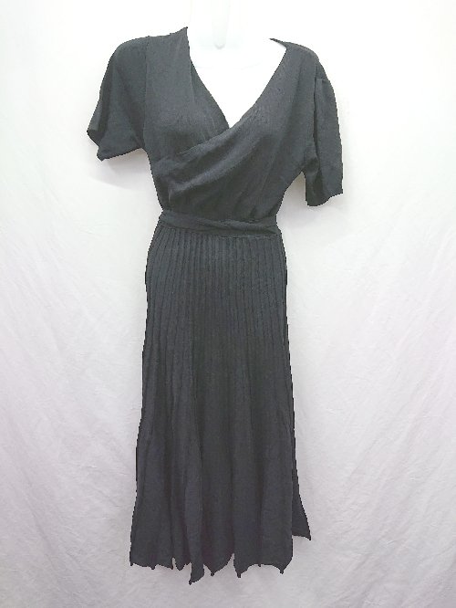 ◇ ⊂ SAISON DE PAPILLONセゾン ド パピヨン リブ 半袖 ロング カシュクールワンピース サイズM ブラック系 レディース E 【中古】