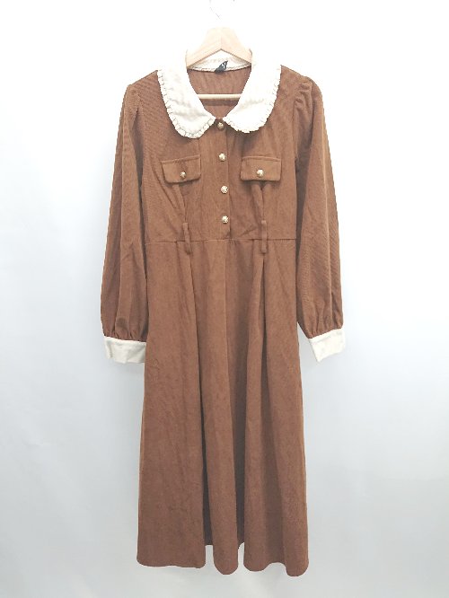 ◇ ⊇ DAZY デイジー 襟元フリルデザイン 長袖 膝下丈 ワンピース サイズXL ブラウン系 レディース E 【..