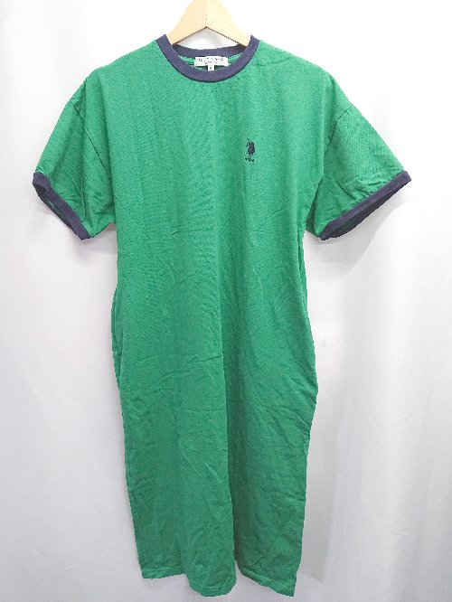 ◇ ⊂ U.S. POLO ASSN. コットン100% 半袖 膝下丈 ワンピース サイズF グリーン レディース E 【中古】